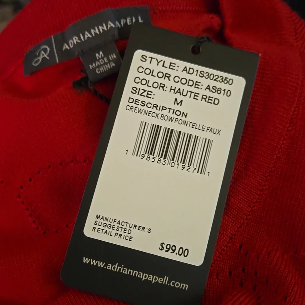 Adrianna Papell Haute Red Pullover Sweater silver bow buttons crewneck  MED NEW…